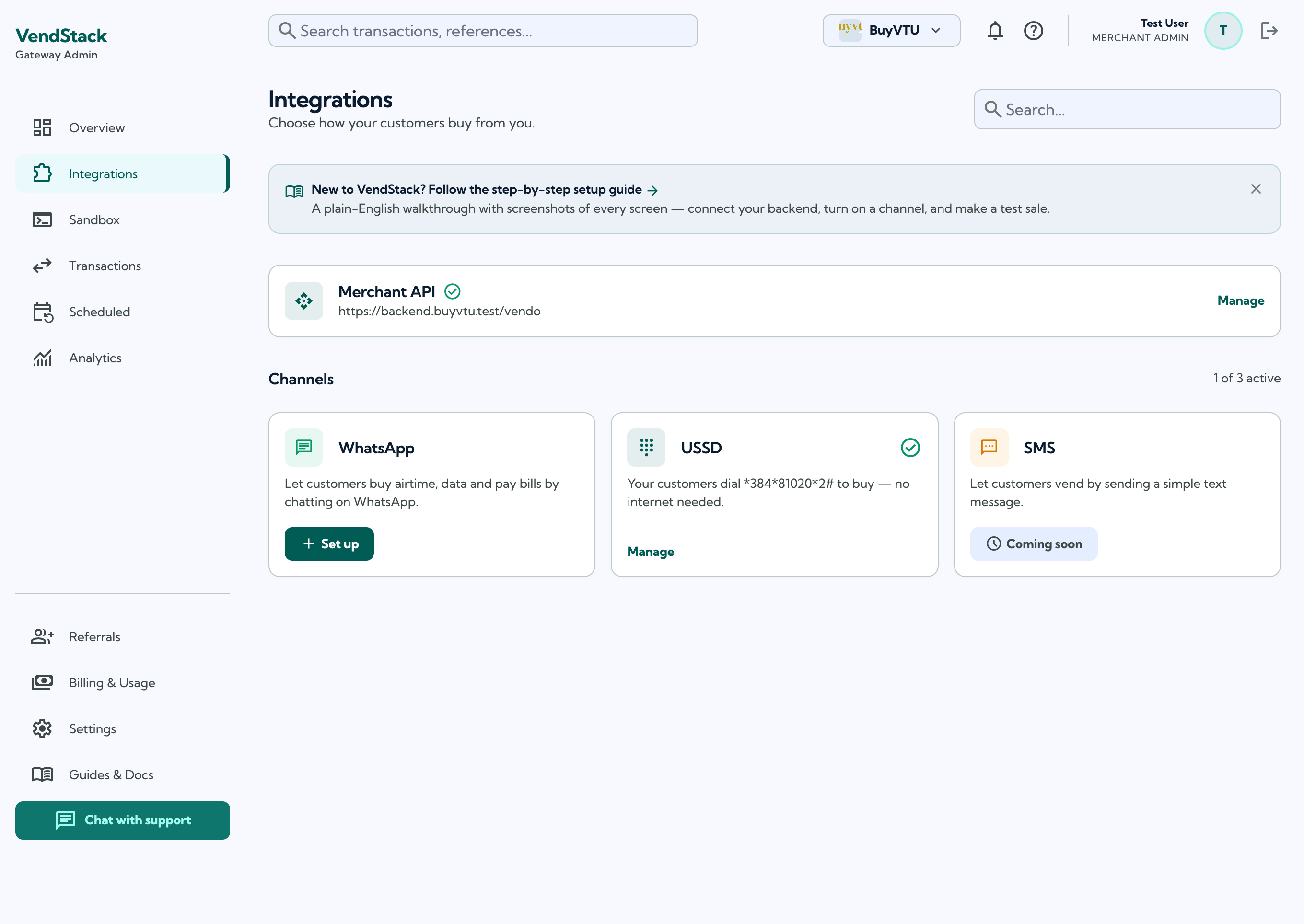 The Integrations page with the Merchant API card and channel tiles