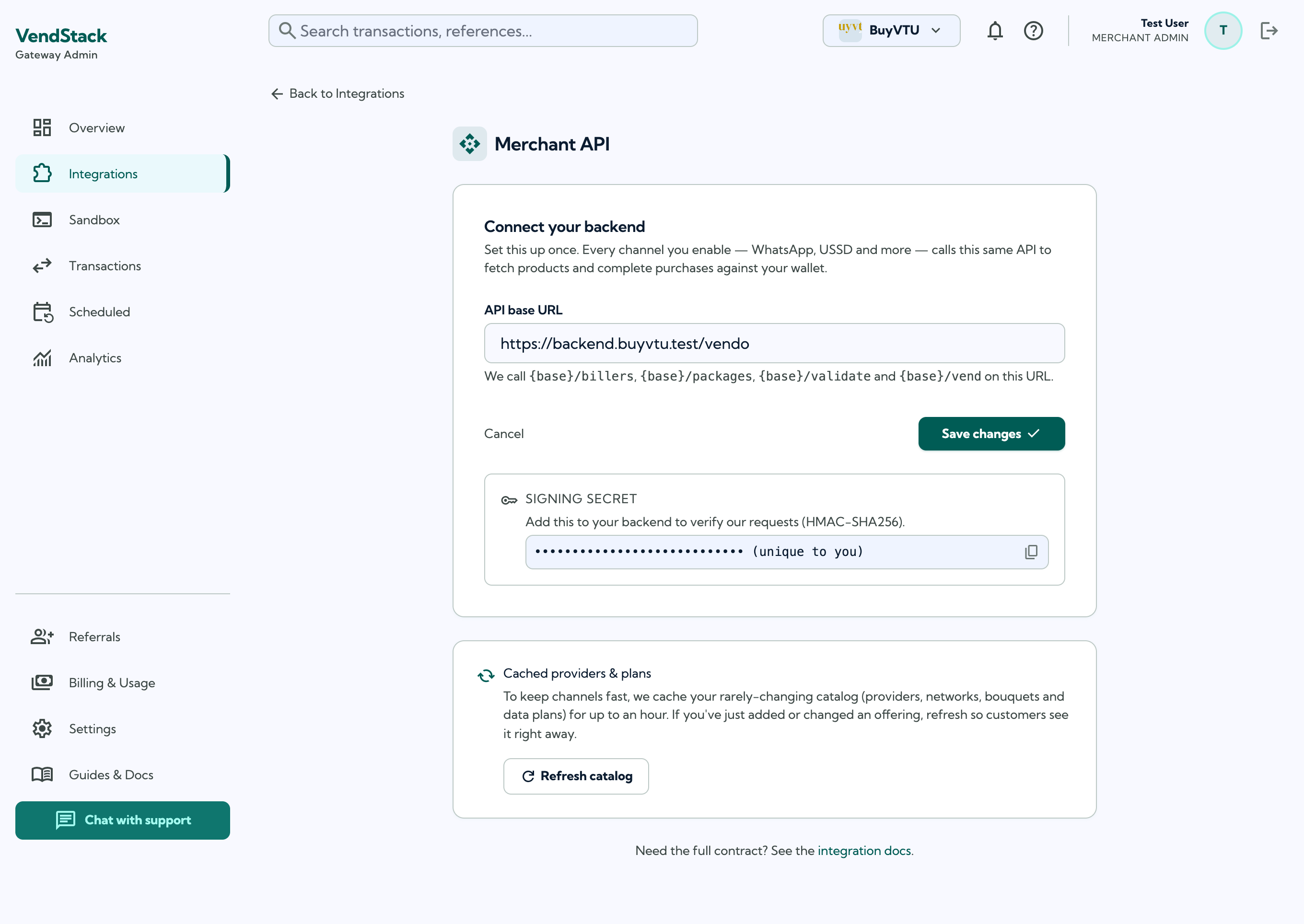 The Merchant API screen showing the base URL and signing secret