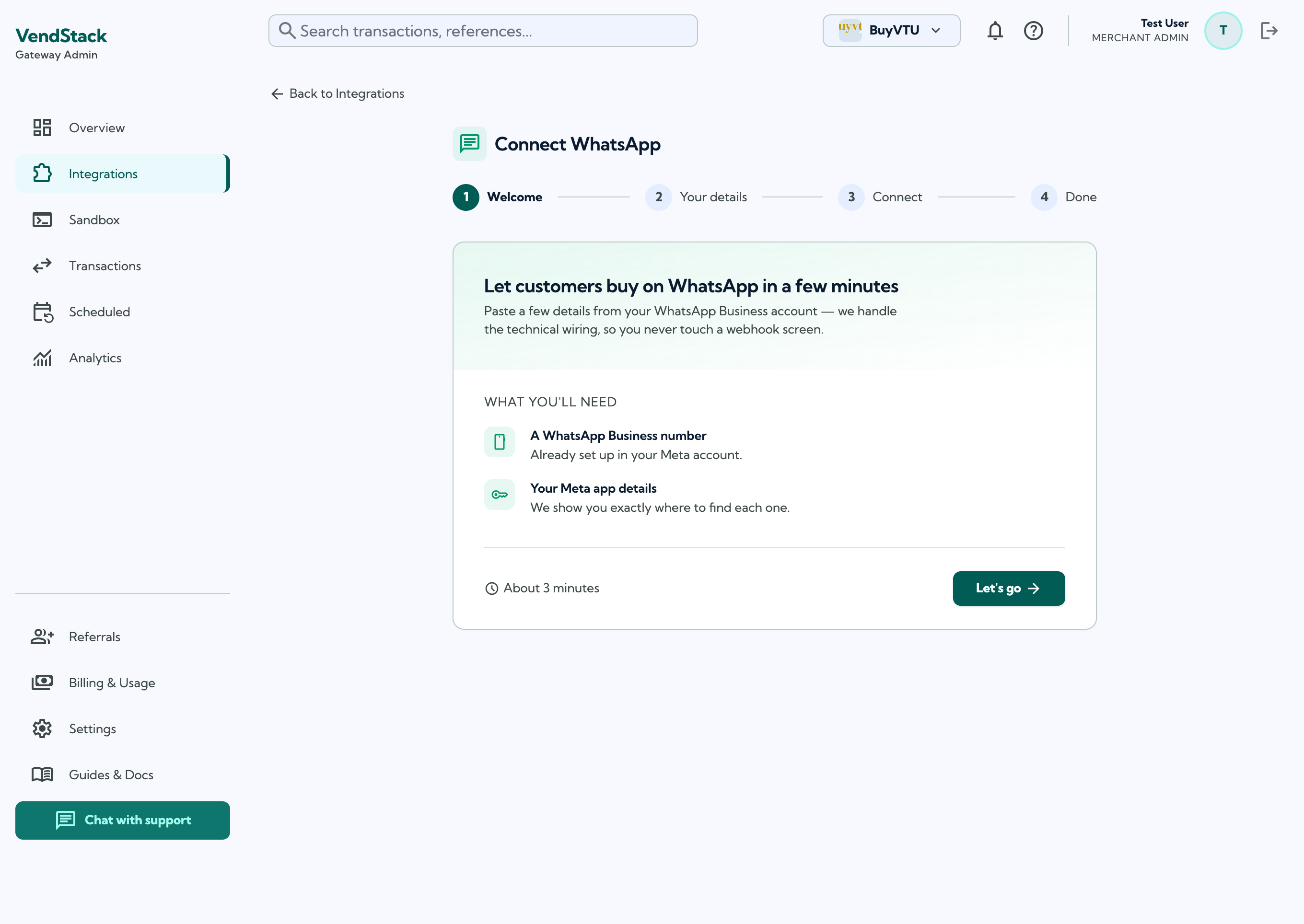 The WhatsApp connection wizard, step 1