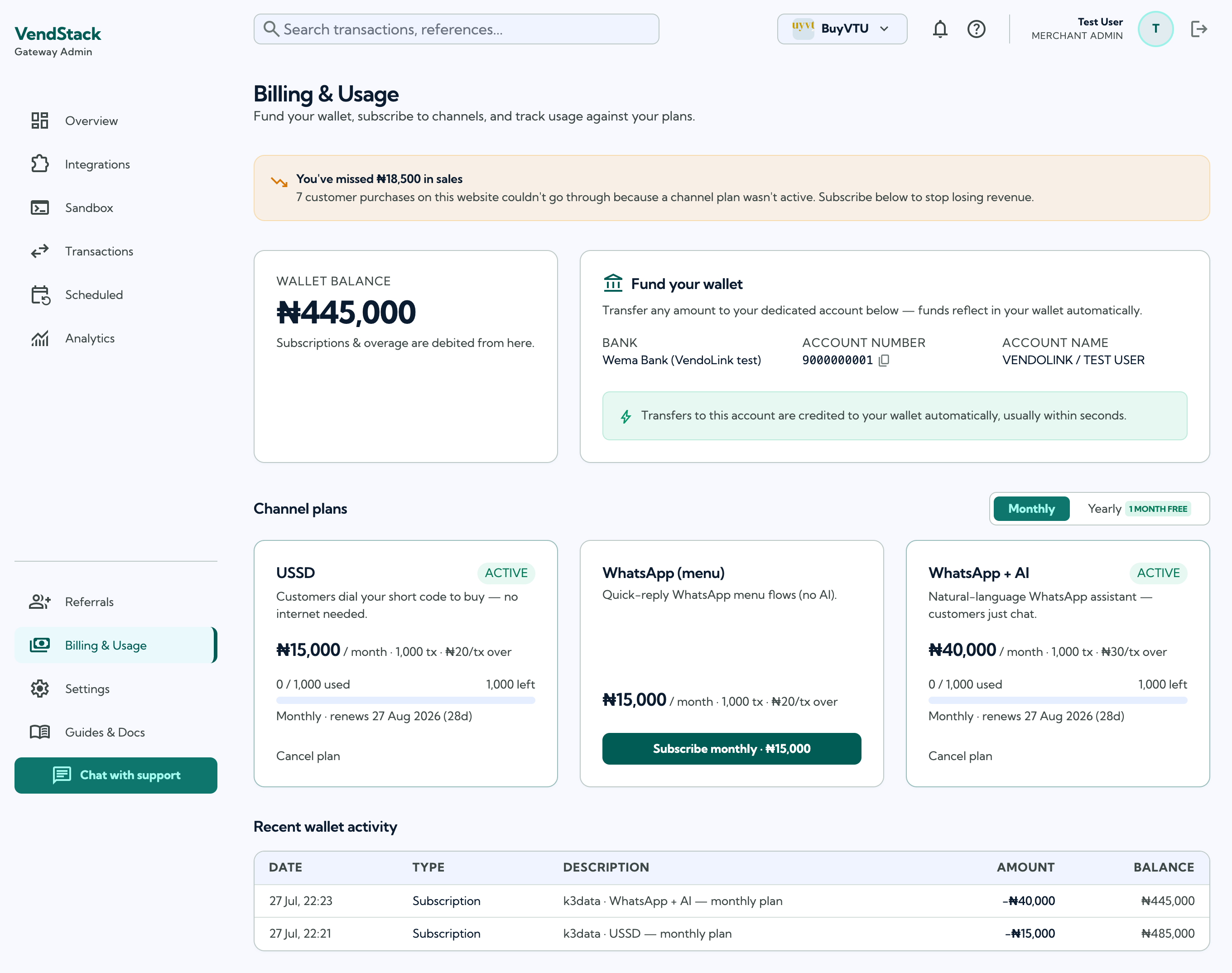 The Billing & Usage page with wallet balance and channel plans